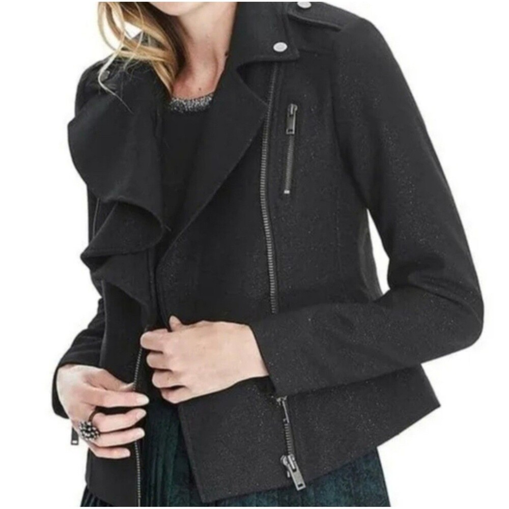 Banana Republic Flounce Front Moto Jacket, Size 0 Black Preppy